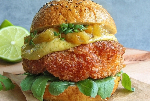 Coconut Crusted Chicken Burger with Spicy Coriander Sauce & Caramelized Pineapple